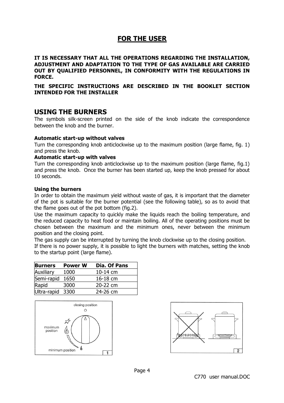 For the user, Using the burners | Caple C770 User Manual | Page 4 / 10