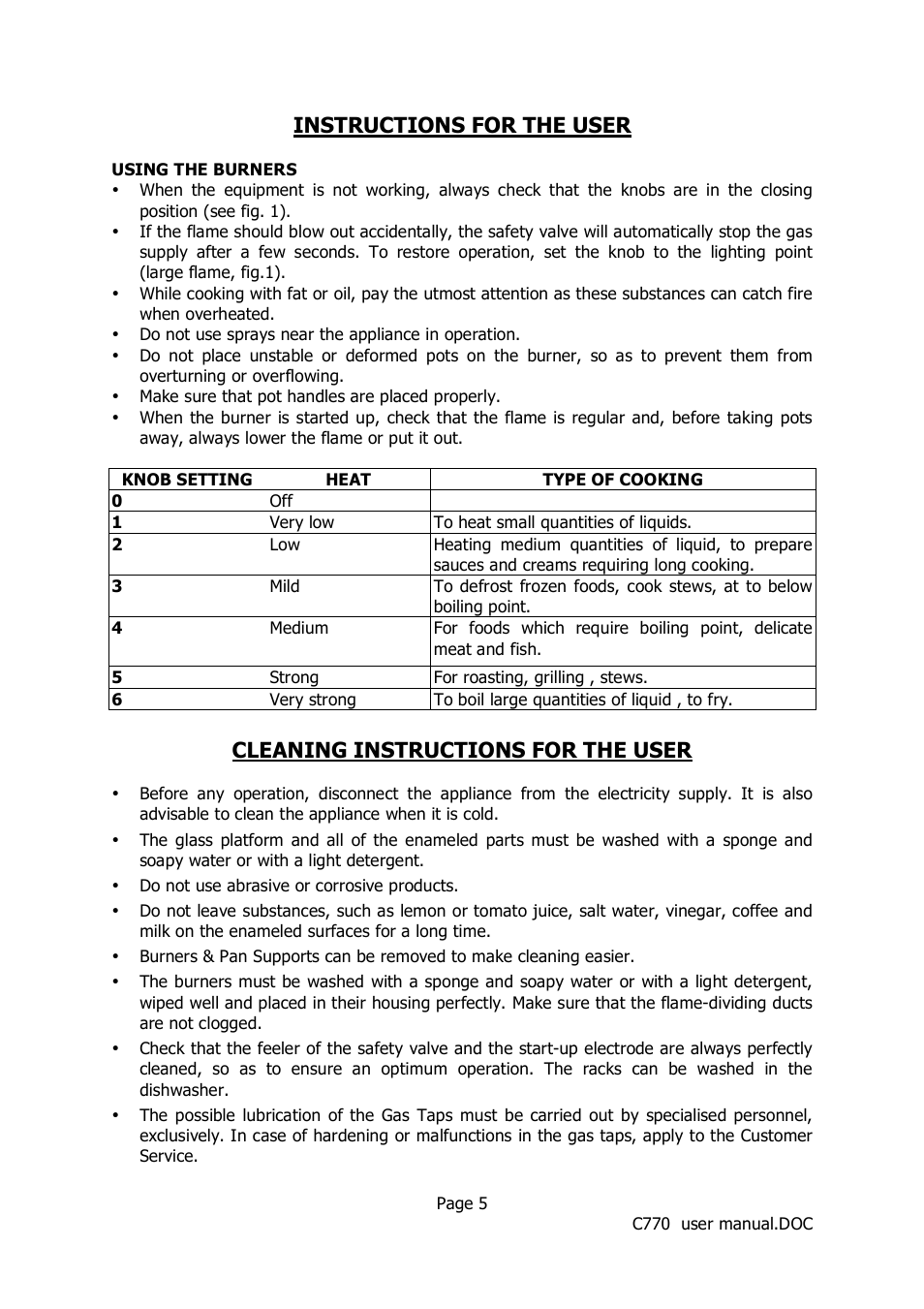 Instructions for the user, Cleaning instructions for the user | Caple C770 User Manual | Page 5 / 10
