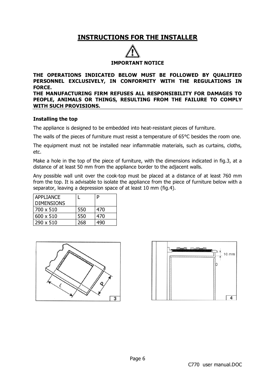 Instructions for the installer | Caple C770 User Manual | Page 6 / 10