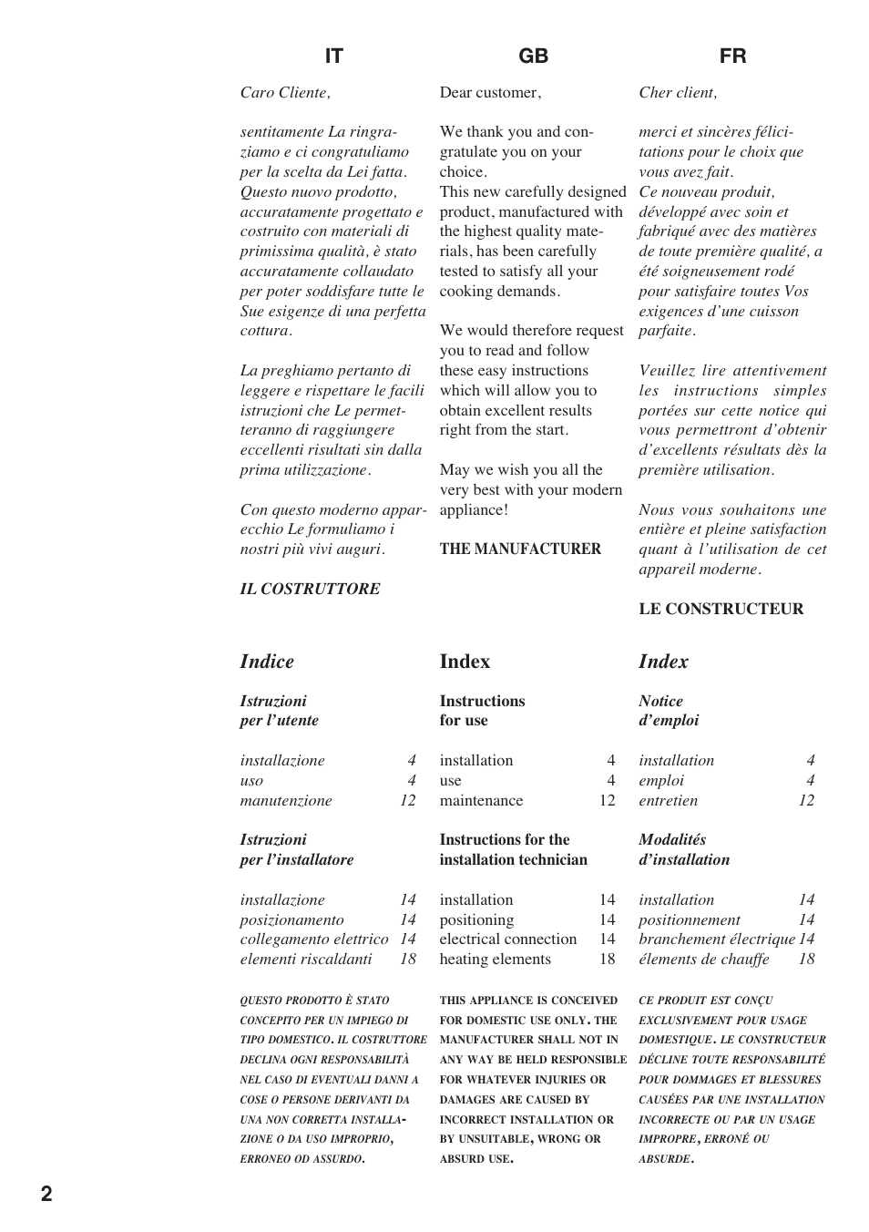 It gb fr 2, Indice, Index | Caple C804C User Manual | Page 2 / 20