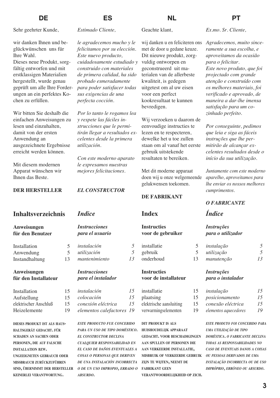 Es nl pt de 3 inhaltsverzeichnis, Indice, Index | Índice | Caple C804C User Manual | Page 3 / 20