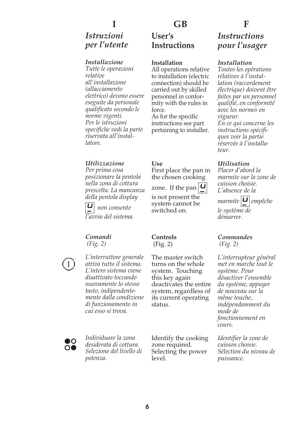 Igb f, Istruzioni per l’utente, User’s instructions | Instructions pour l’usager | Caple C991i User Manual | Page 6 / 24