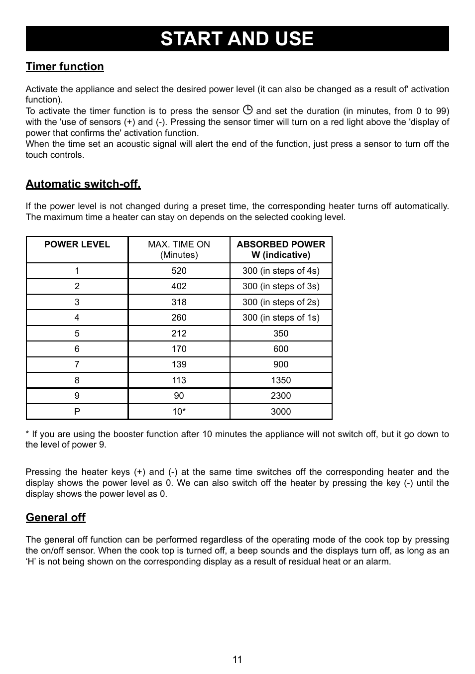 Start and use | Caple C930i User Manual | Page 11 / 16