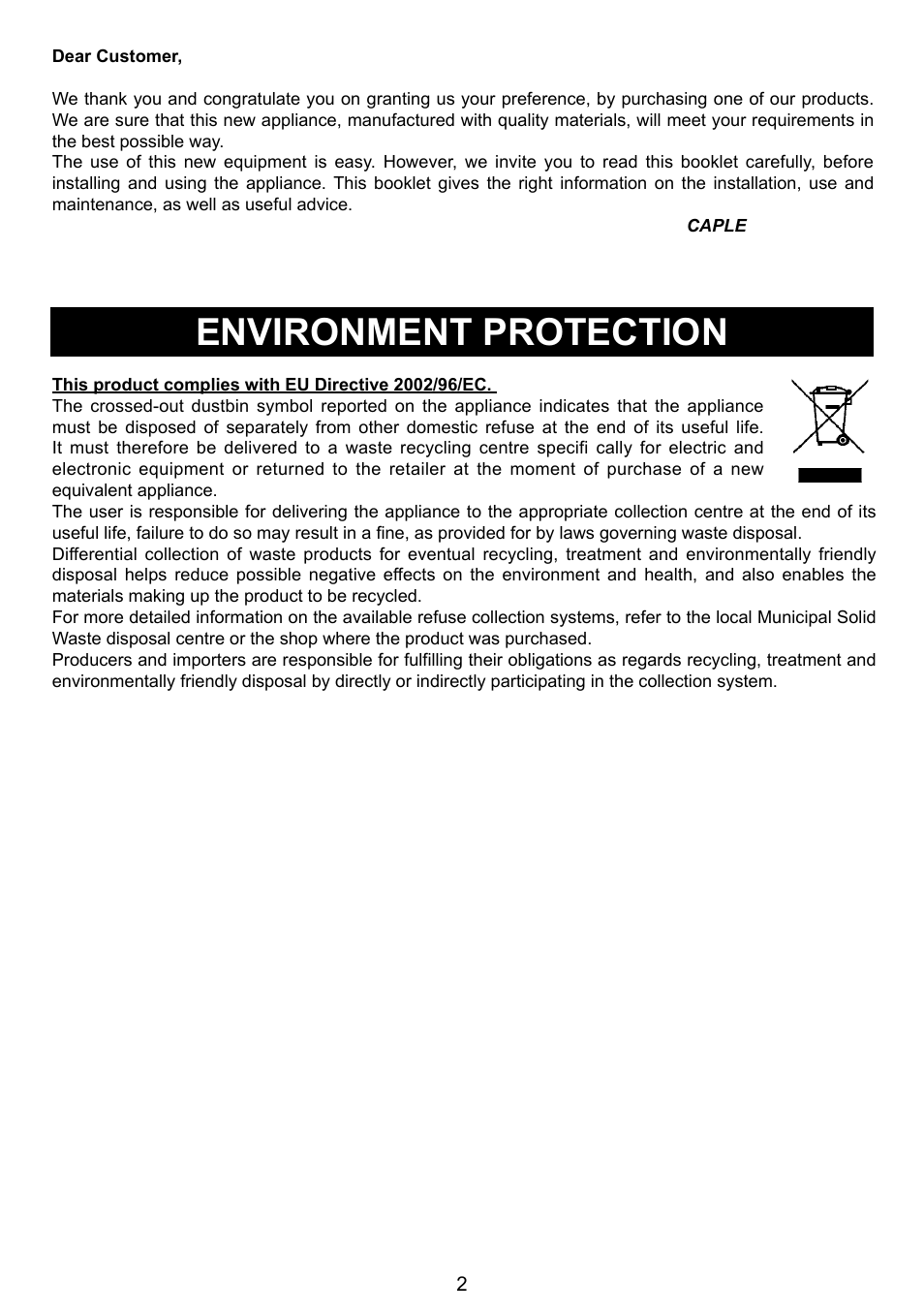 Environment protection | Caple C930i User Manual | Page 2 / 16