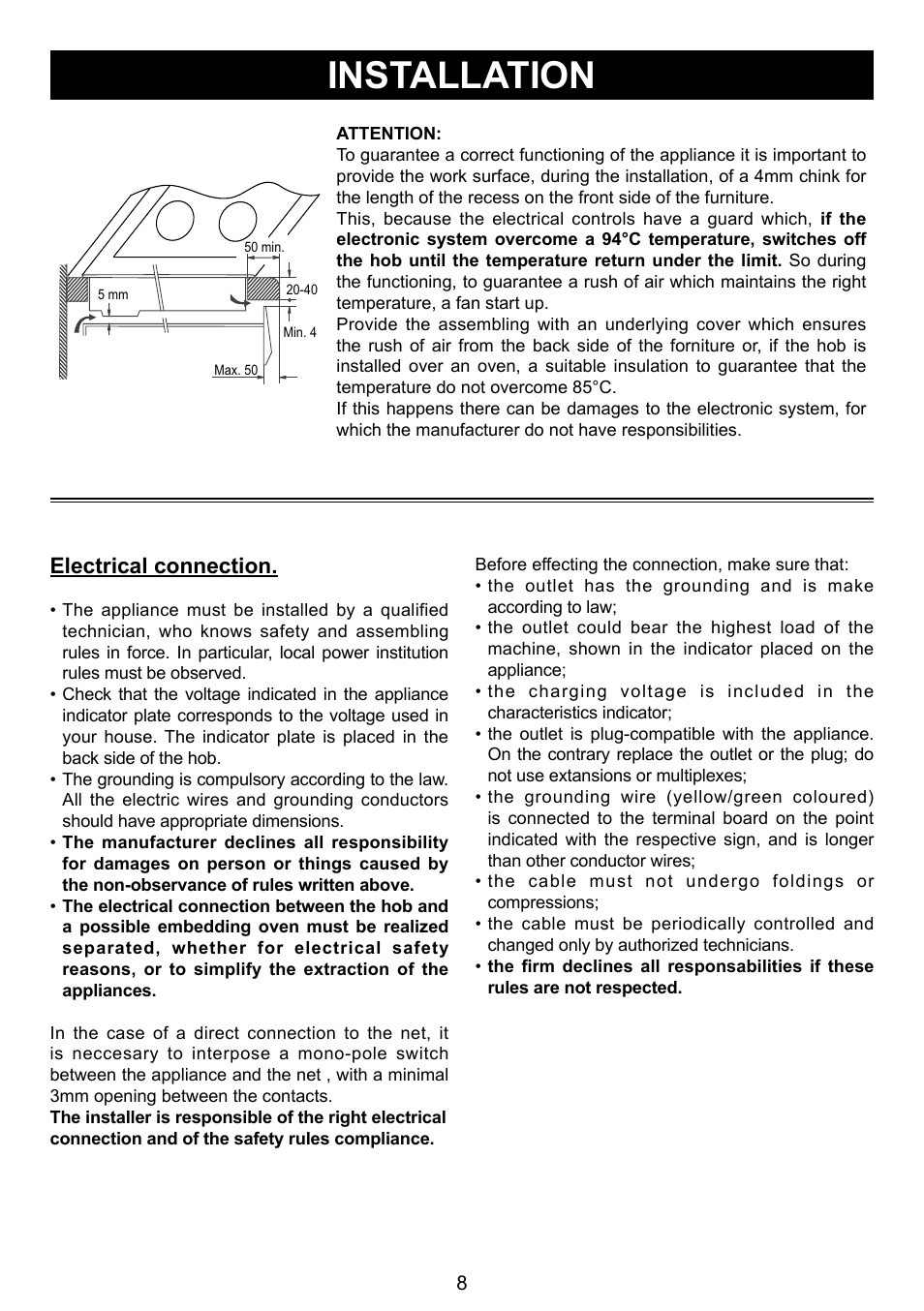 Installation, Electrical connection | Caple C930i User Manual | Page 8 / 16