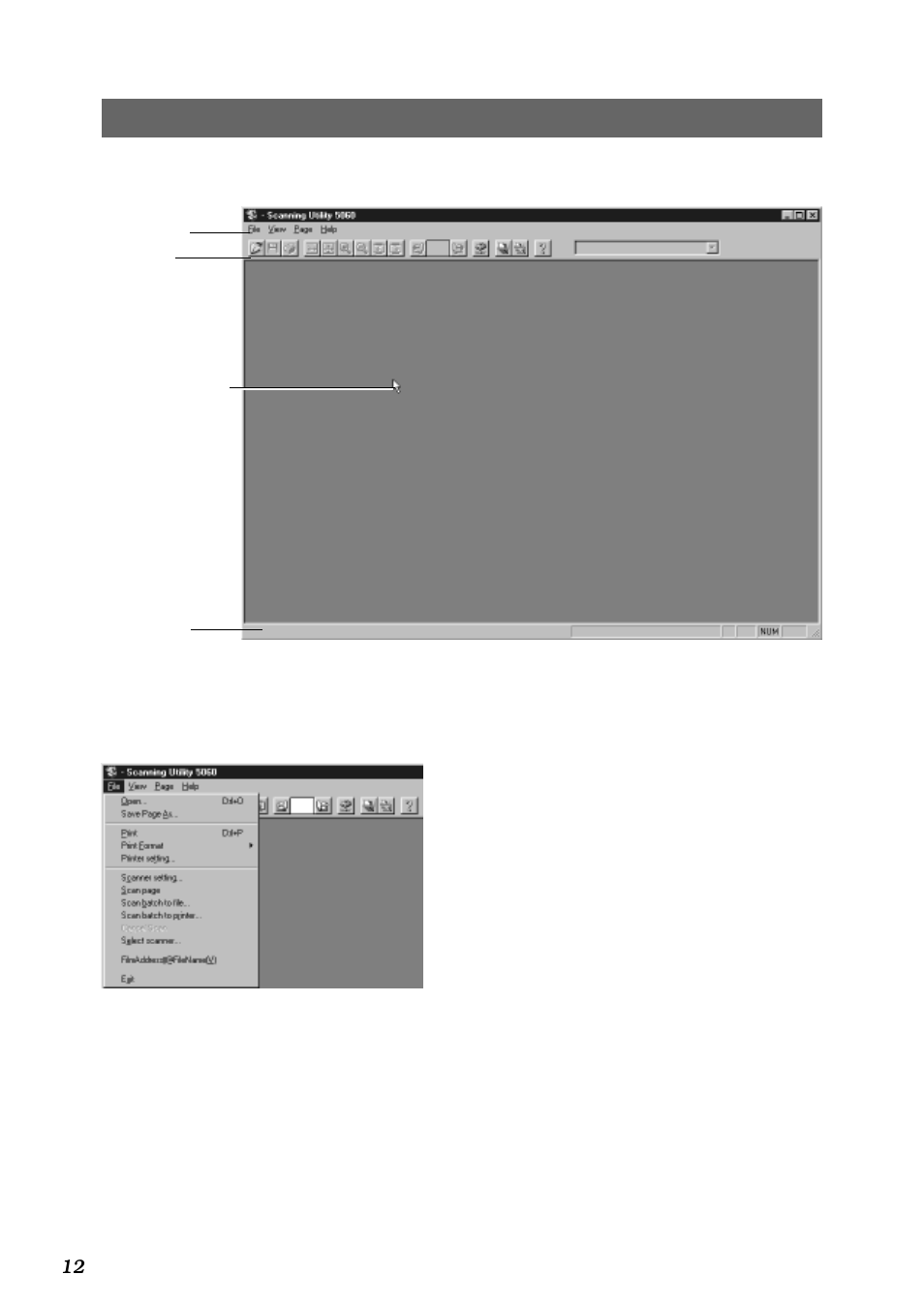 Explanation of the scanning utility 5060 screen, Menu bar file menu | Canon DR-5060F User Manual | Page 14 / 89