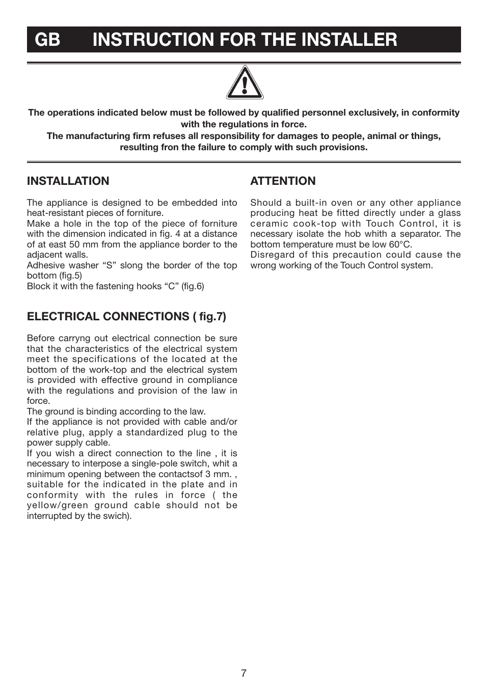 Gb instruction for the installer | Caple C811C User Manual | Page 7 / 8