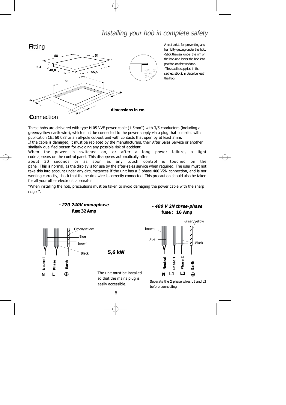 Installing your hob in complete safety, F itting, C onnection | 5,6 kw | Caple C851i User Manual | Page 8 / 12