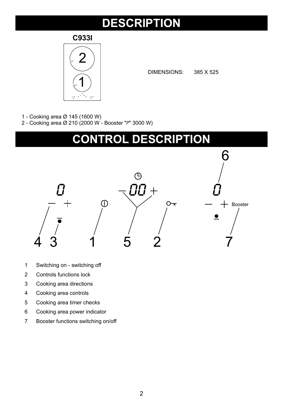 Description, Control description | Caple C993i User Manual | Page 2 / 16