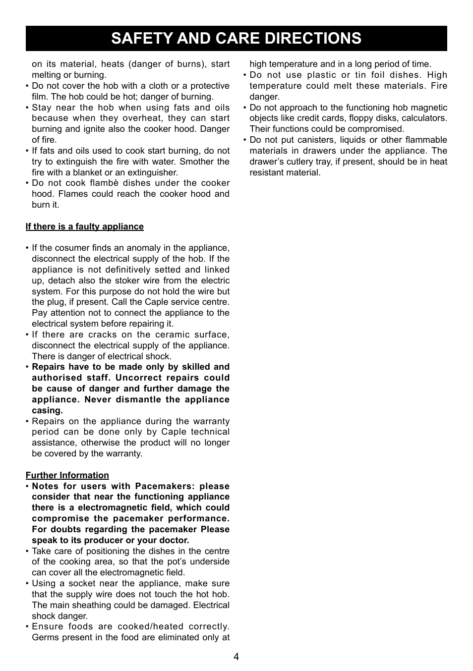 Safety and care directions | Caple C993i User Manual | Page 4 / 16