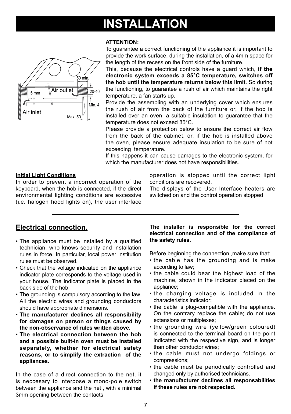 Installation, Electrical connection | Caple C993i User Manual | Page 7 / 16