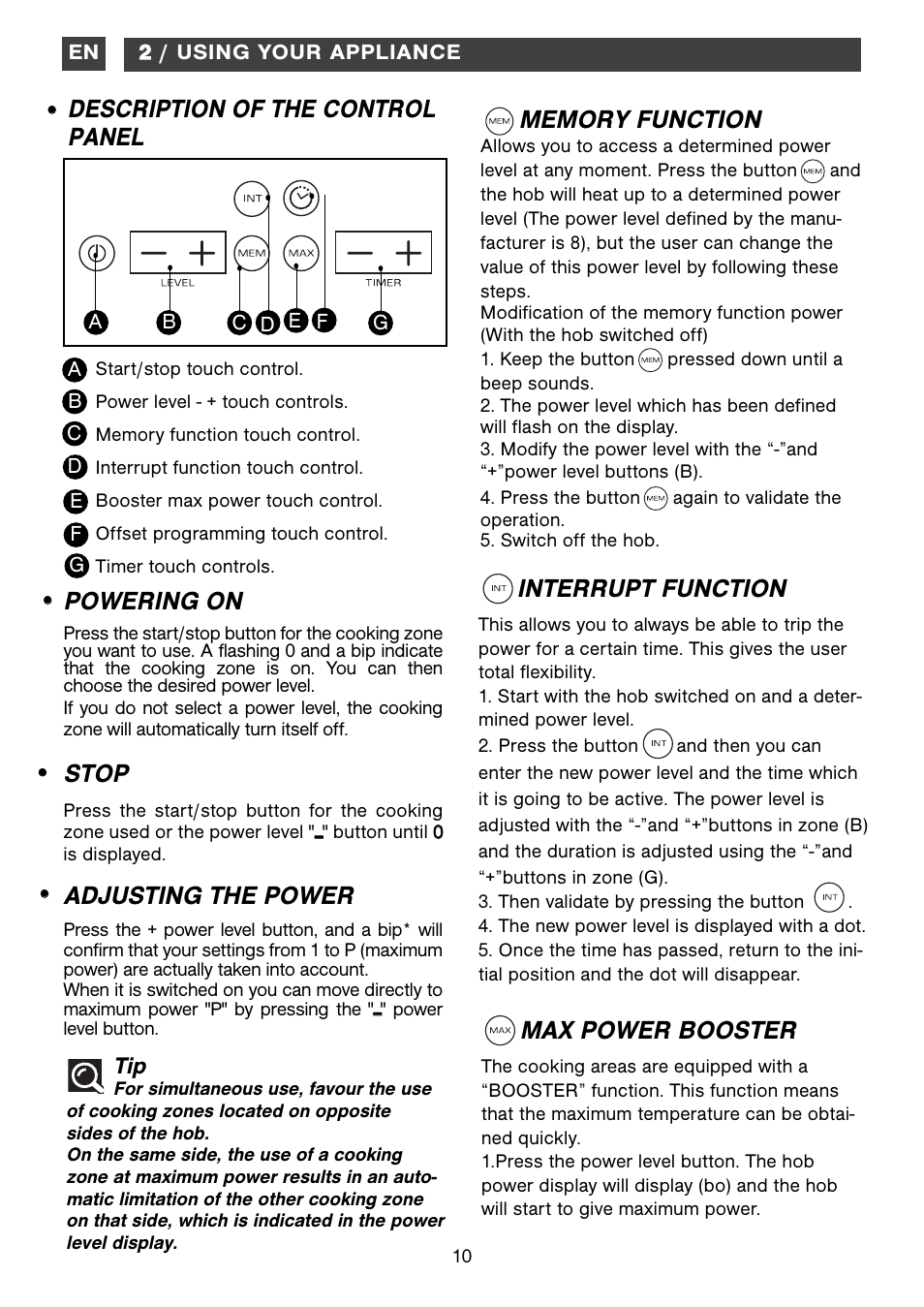 Description of the control panel, Interrupt function, Max power booster | Powering on, Stop, Adjusting the power | Caple C871i User Manual | Page 10 / 17