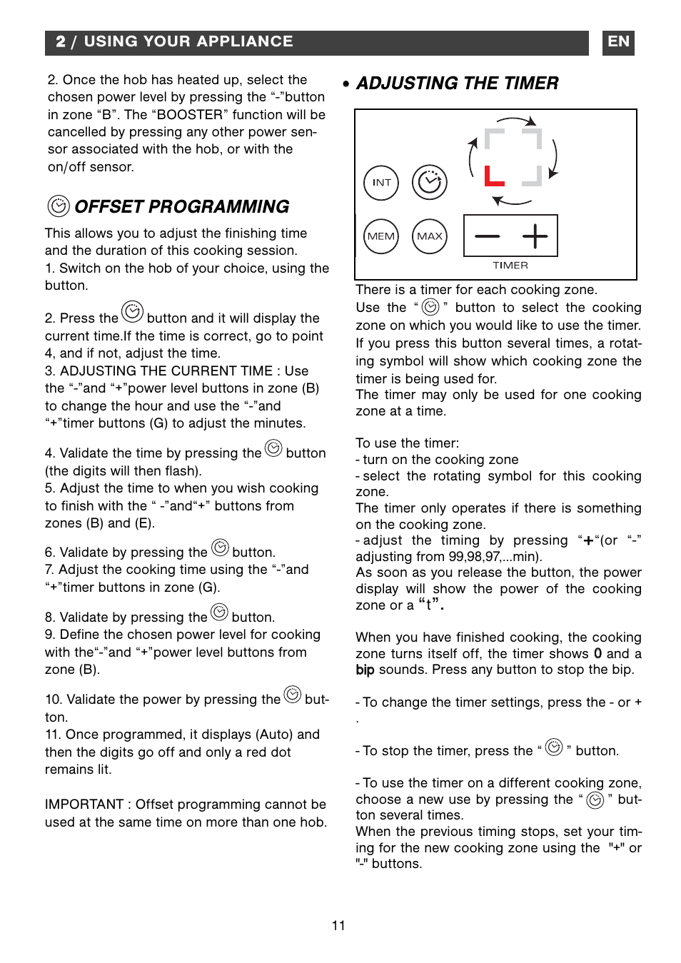 Offset programming, Adjusting the timer | Caple C871i User Manual | Page 11 / 17