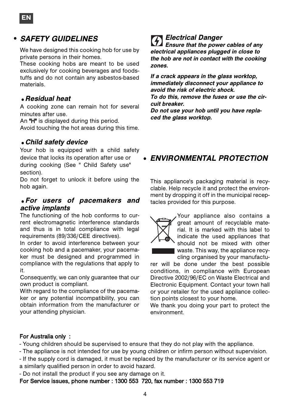 Safety guidelines, Environmental protection, Residual heat | Child safety device, For users of pacemakers and active implants, Electrical danger | Caple C871i User Manual | Page 4 / 17