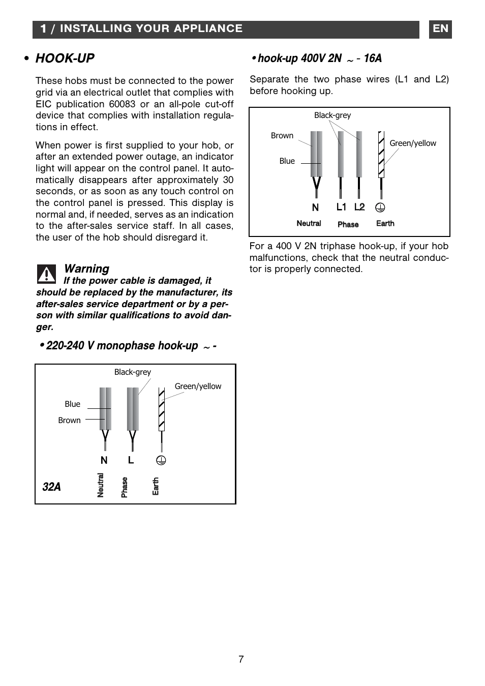 Hook-up, 240 v monophase hook-up ~ - warning, 11 / installing your appliance | Caple C871i User Manual | Page 7 / 17