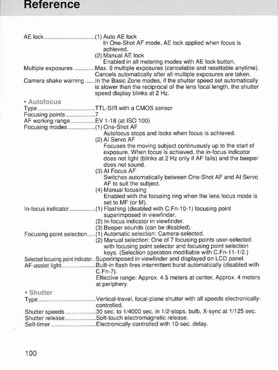 Reference, Autofocus | Canon EOS 7 User Manual | Page 100 / 108