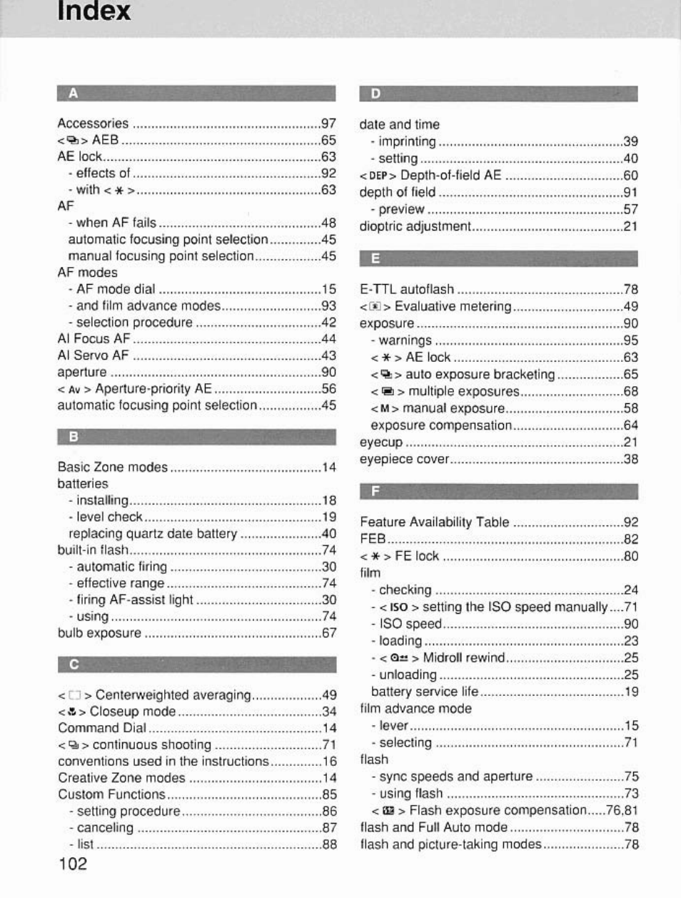 Index | Canon EOS 7 User Manual | Page 102 / 108