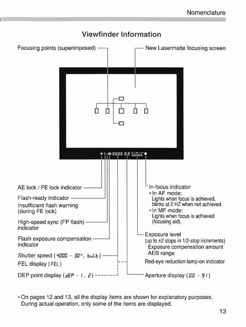 Viewfinder information, Nomenclature | Canon EOS 7 User Manual | Page 13 / 108
