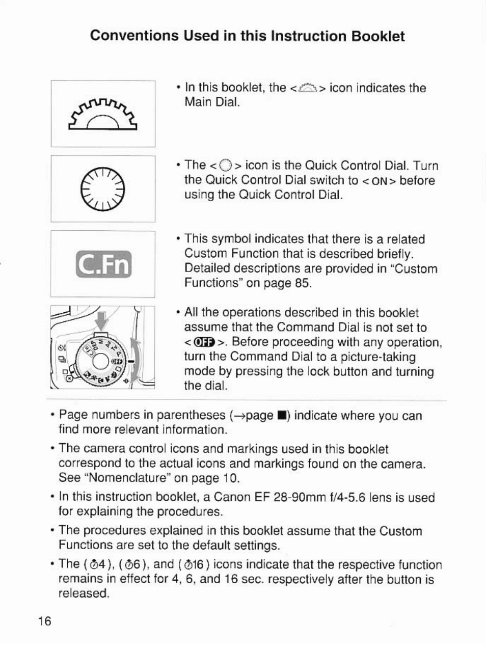 Conventions used in this instruction booklet | Canon EOS 7 User Manual | Page 16 / 108