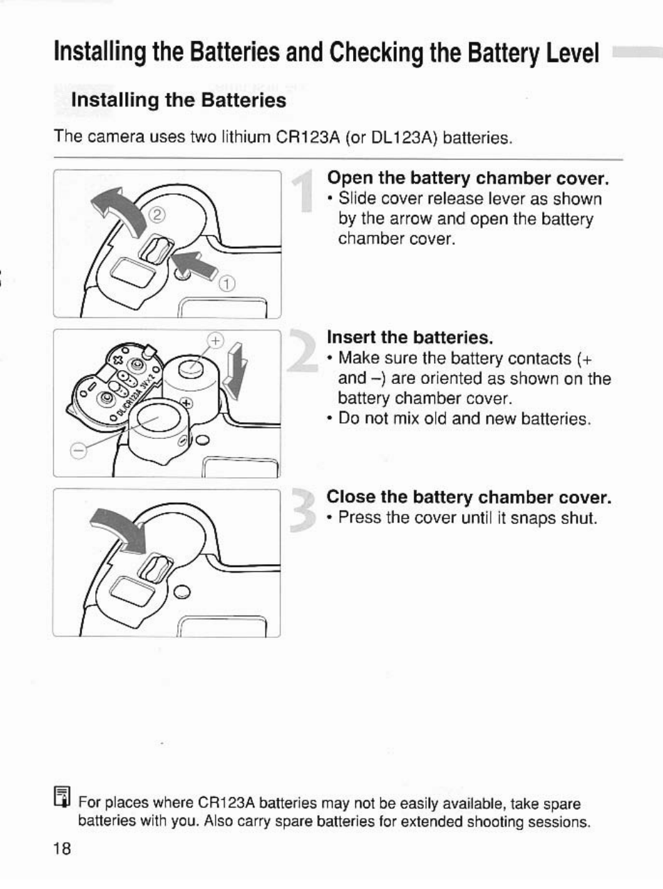 Installing the batteries | Canon EOS 7 User Manual | Page 18 / 108