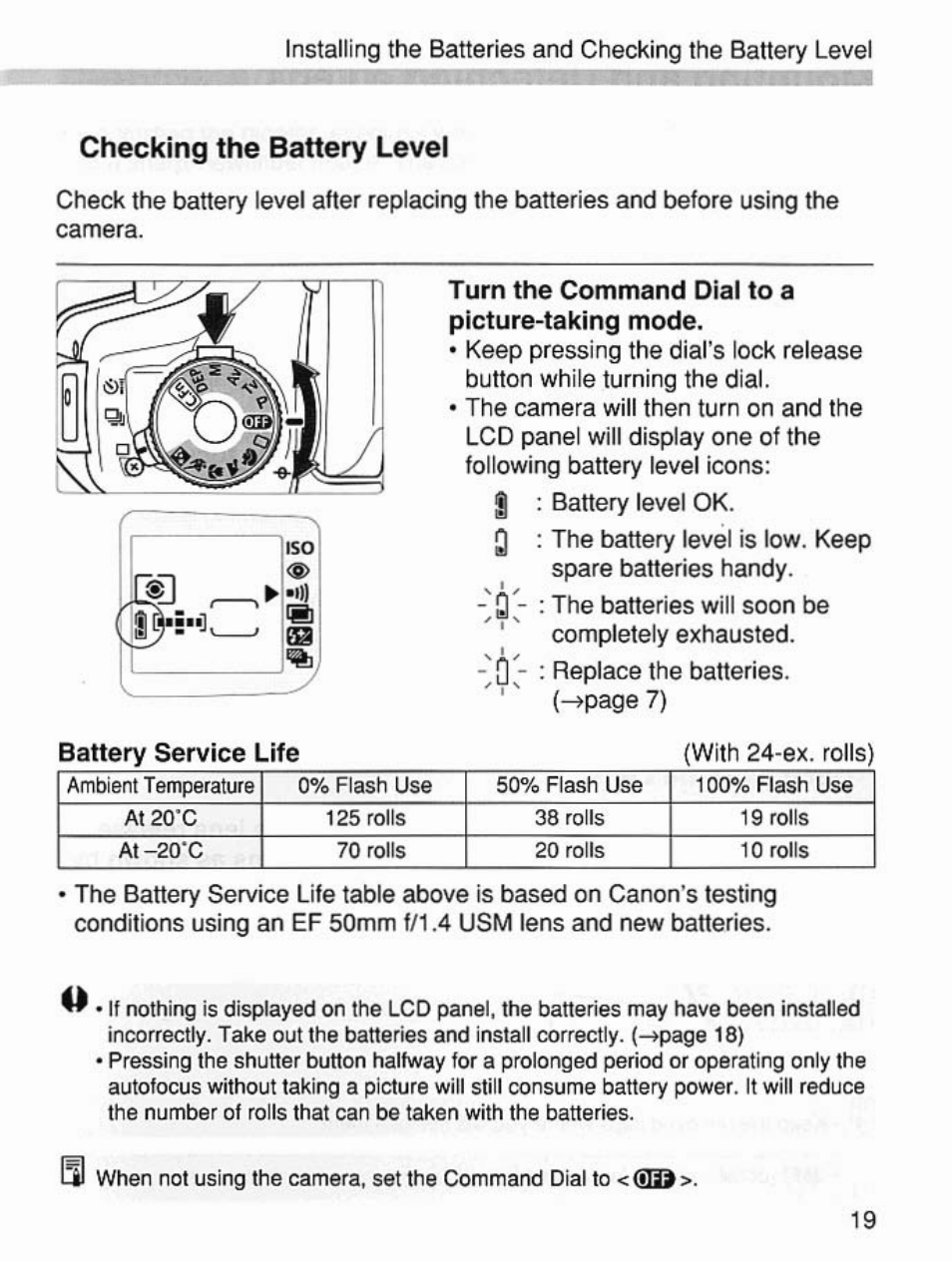 Checking the battery level, Turn the command dial to a picture-taking mode | Canon EOS 7 User Manual | Page 19 / 108