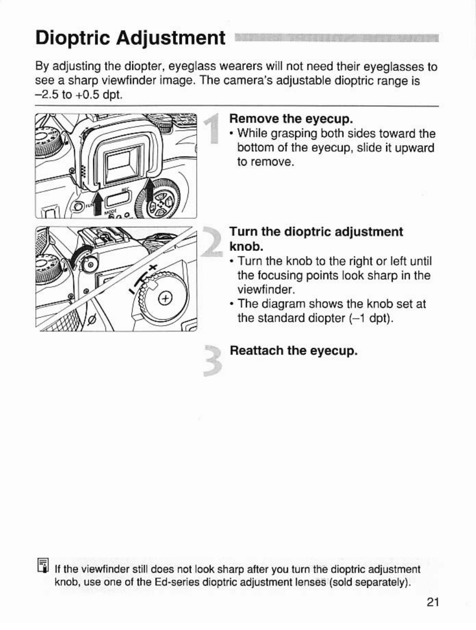 Dioptric adjustment | Canon EOS 7 User Manual | Page 21 / 108