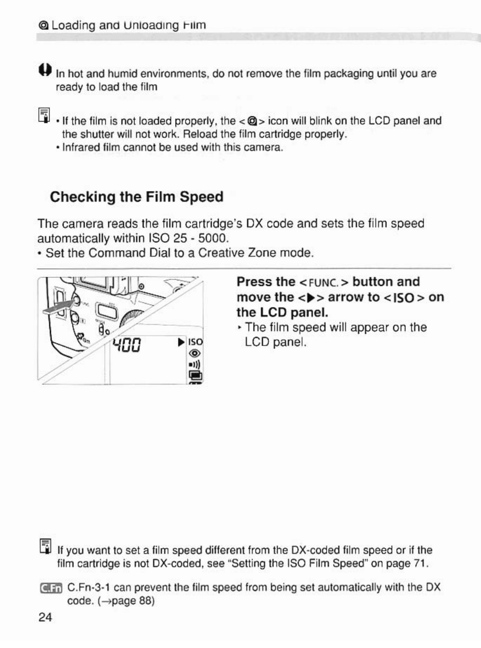 Checking the film speed, Press the | Canon EOS 7 User Manual | Page 24 / 108