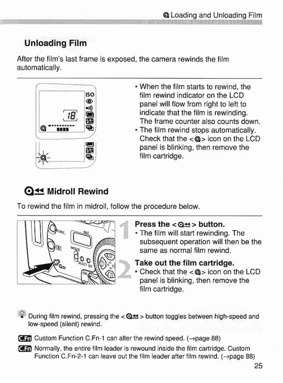 Unloading film, Midroll rewind | Canon EOS 7 User Manual | Page 25 / 108