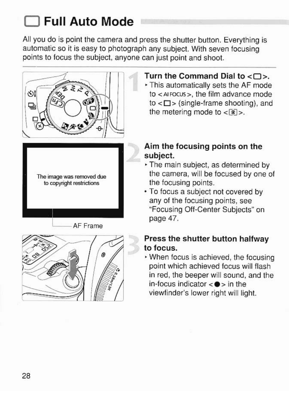 D full auto mode, Full auto mode | Canon EOS 7 User Manual | Page 28 / 108