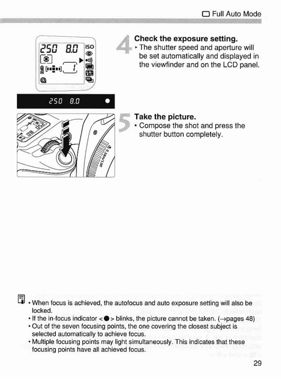 Check the exposure setting, Take the picture | Canon EOS 7 User Manual | Page 29 / 108