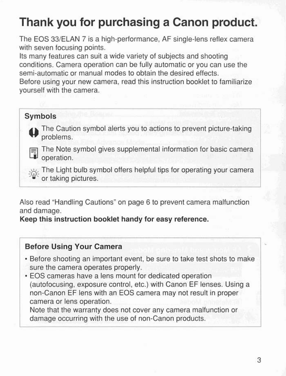 Thank you for purchasing a canon product | Canon EOS 7 User Manual | Page 3 / 108