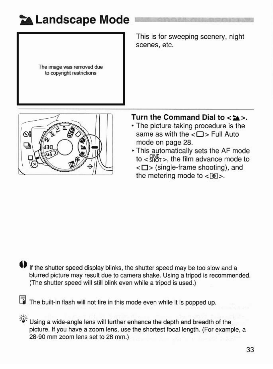 Landscape mode, Turn the command dial to <u, Ilk landscape mode | Canon EOS 7 User Manual | Page 33 / 108