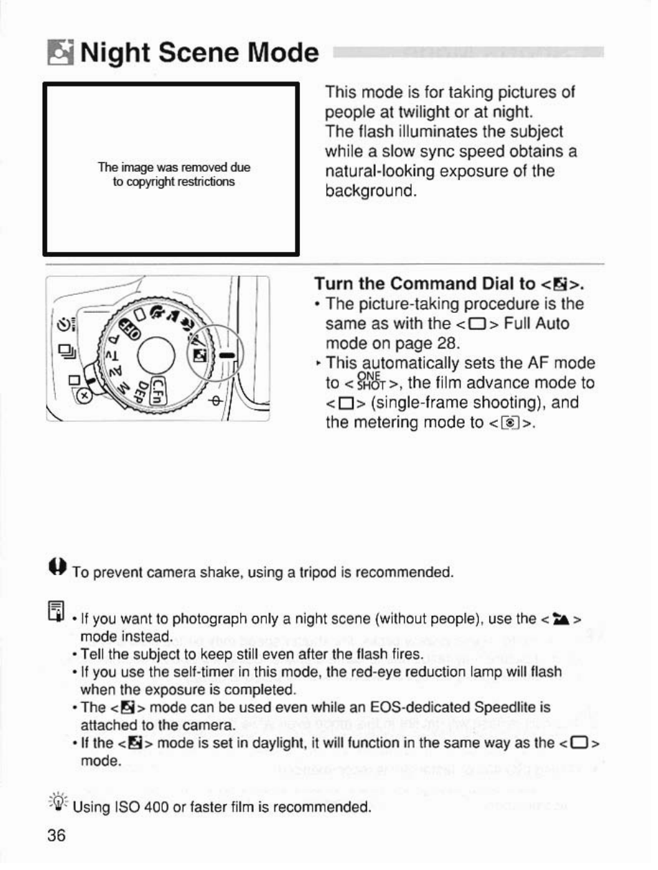 S night scene mode, Turn the command dial to <h | Canon EOS 7 User Manual | Page 36 / 108