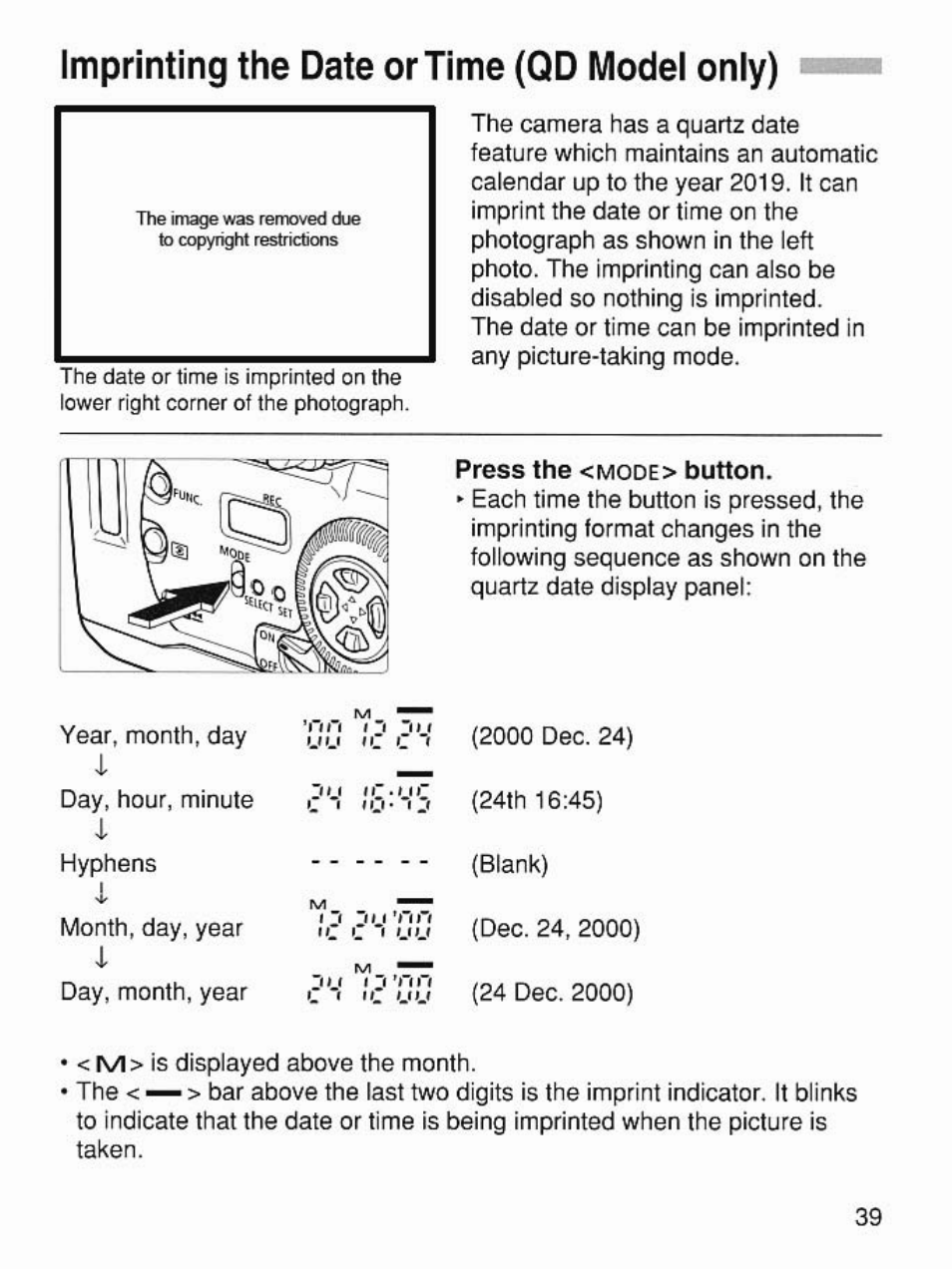 Imprinting the date or time (qd model only), Press the, Button | Canon EOS 7 User Manual | Page 39 / 108