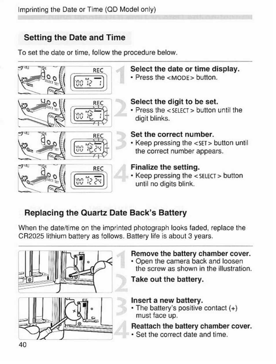 Setting the date and time, Replacing the quartz date back’s battery | Canon EOS 7 User Manual | Page 40 / 108