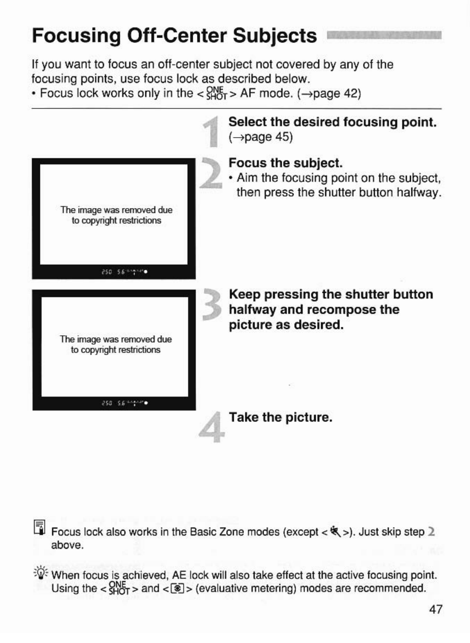 Focusing off-center subjects, Select the desired focusing point, Focus the subject | Take the picture | Canon EOS 7 User Manual | Page 47 / 108