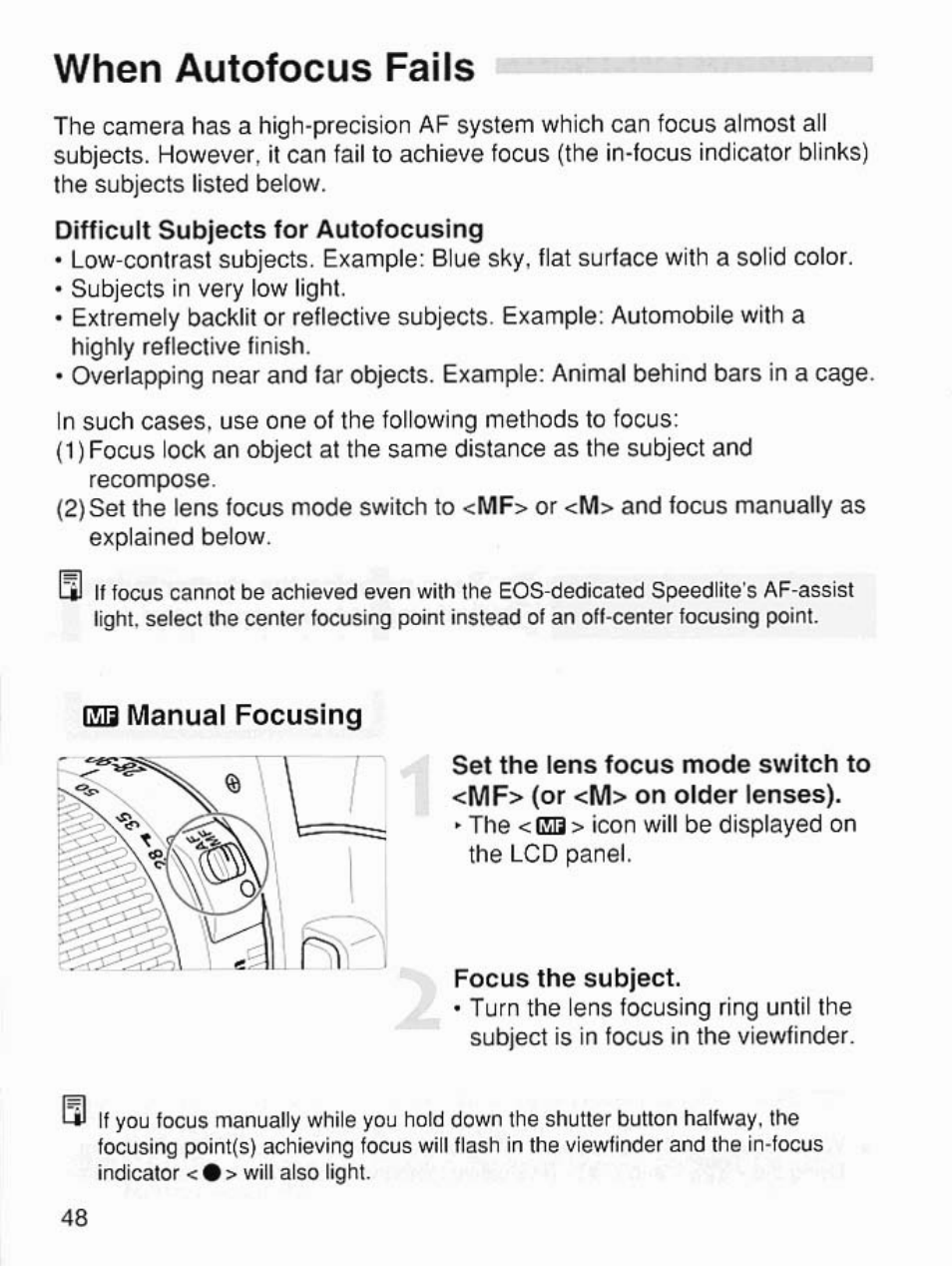 When autofocus fails, Sq manual focusing | Canon EOS 7 User Manual | Page 48 / 108