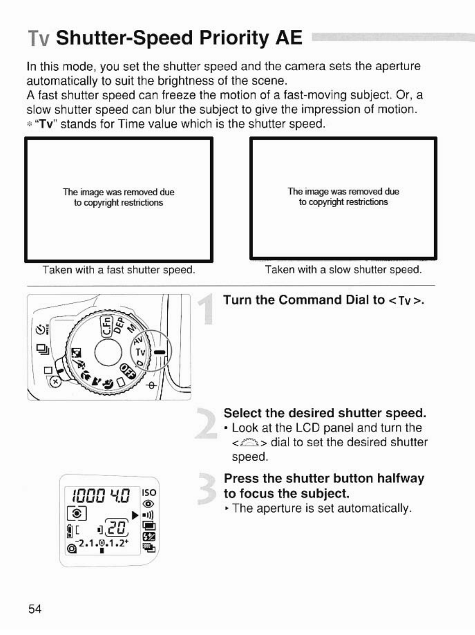 Tv shutter-speed priority ae, Select the desired shutter speed, Innn un | Canon EOS 7 User Manual | Page 54 / 108