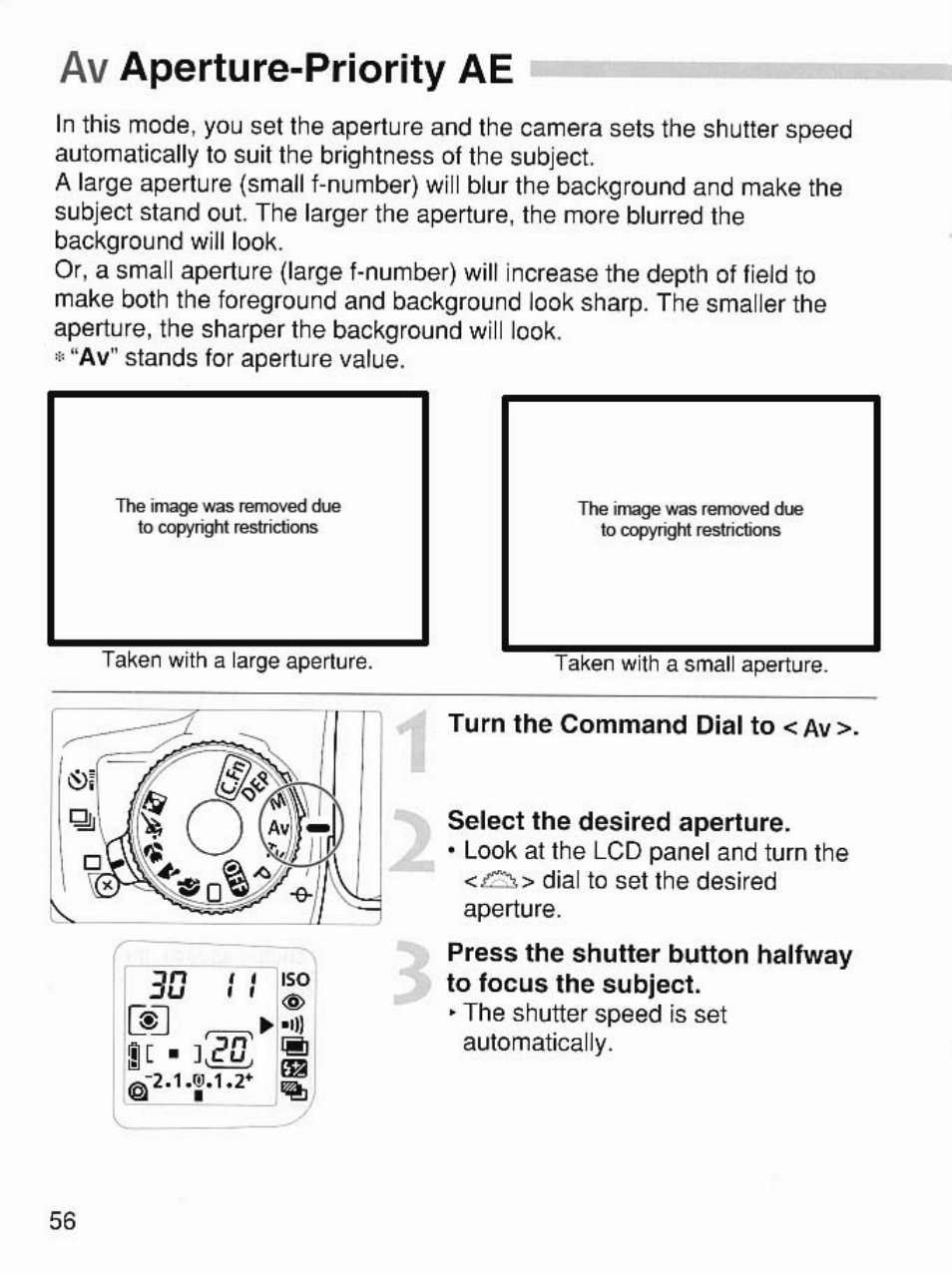 Av aperture-priority ae, Select the desired aperture | Canon EOS 7 User Manual | Page 56 / 108