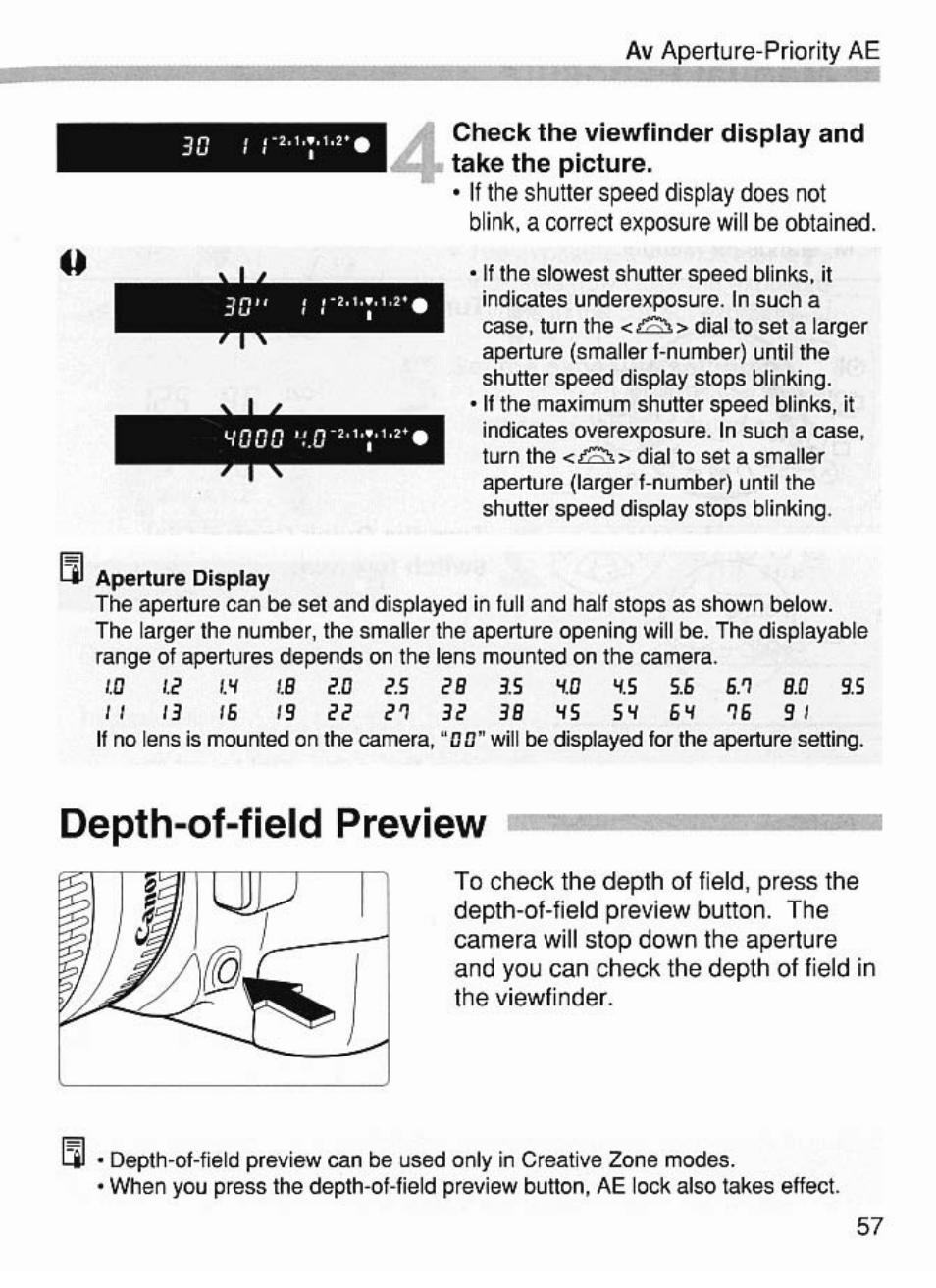 Depth-of-field preview, Depth-ol-field preview, Av aperta re-priority ae o | Wood | Canon EOS 7 User Manual | Page 57 / 108