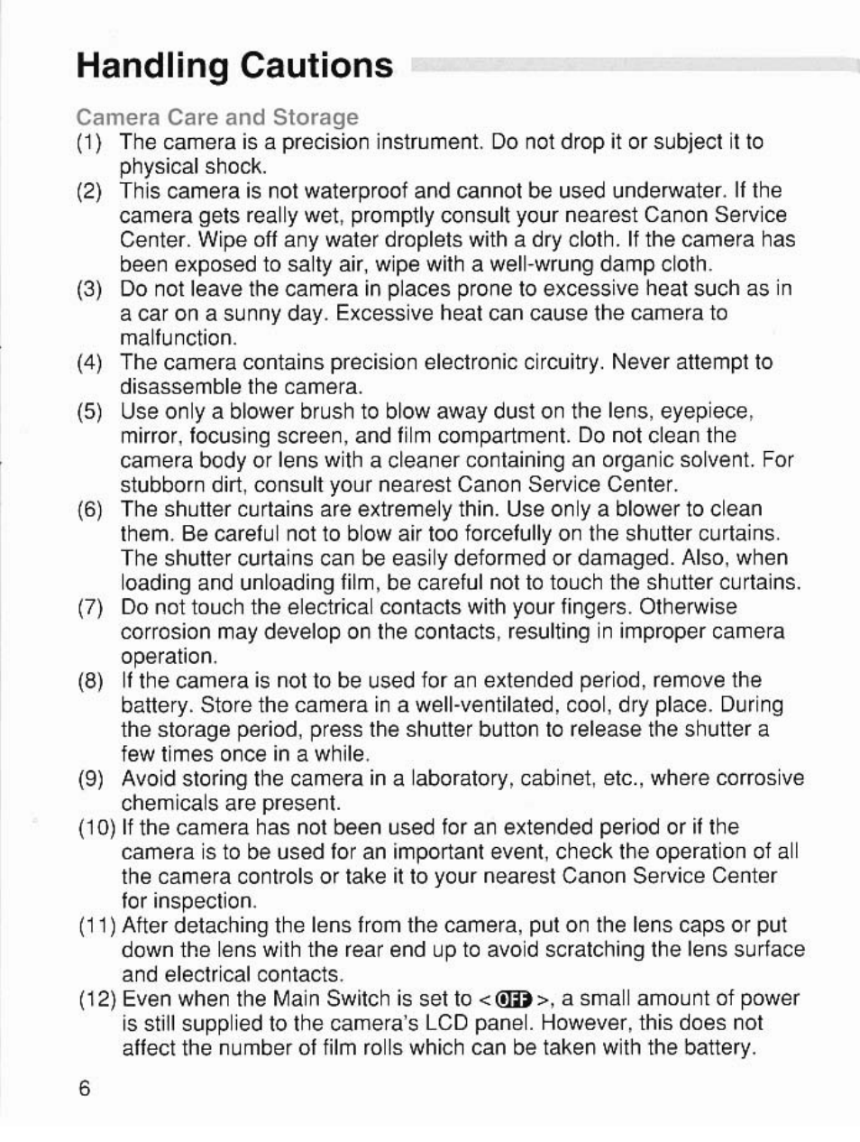 Handling cautions | Canon EOS 7 User Manual | Page 6 / 108