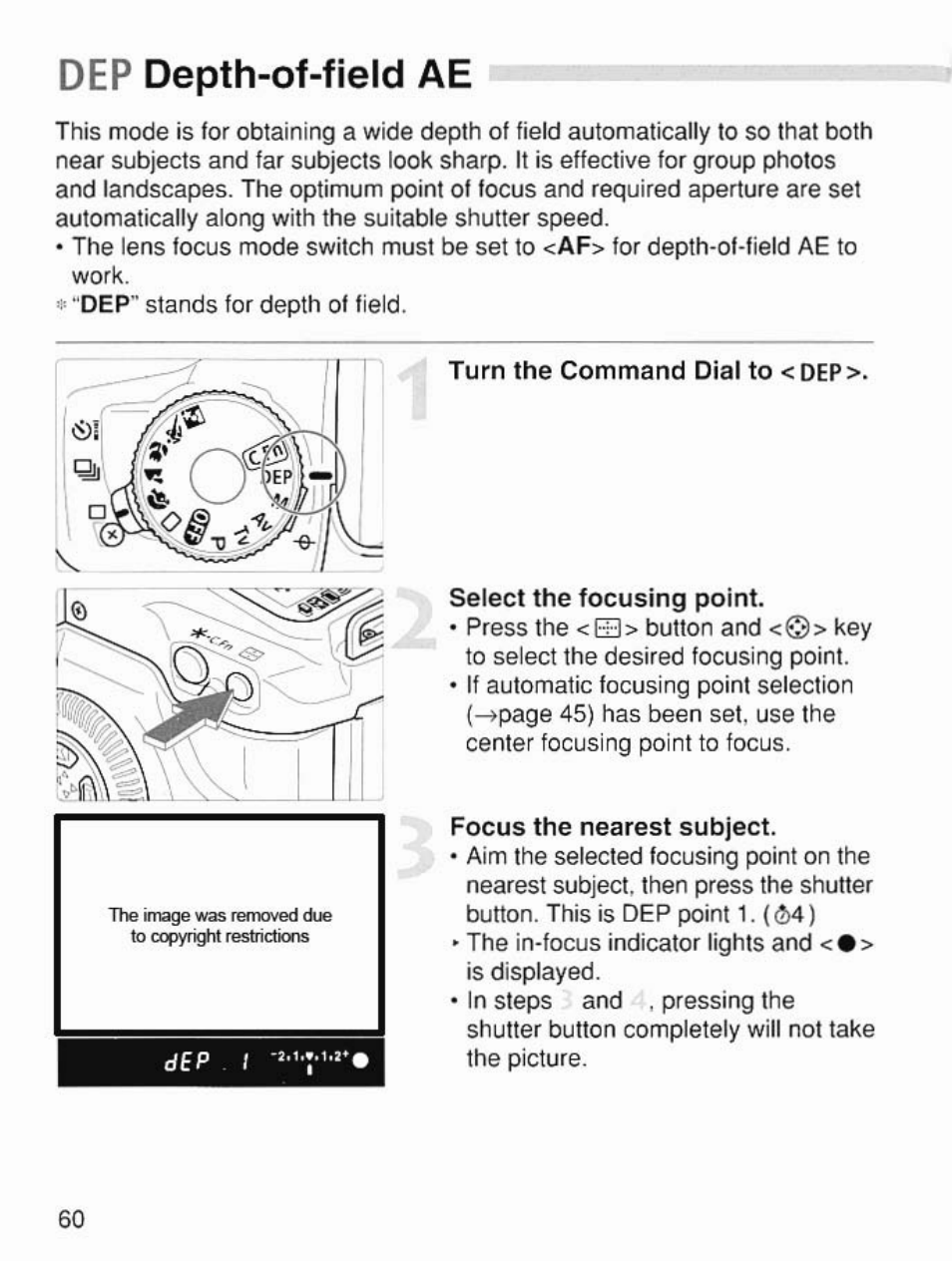 Dep depth-of-field ae | Canon EOS 7 User Manual | Page 60 / 108