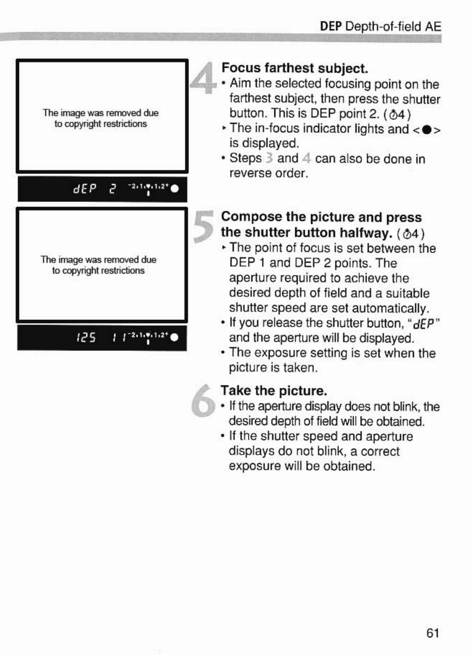 Focus farthest subject, Compose the picture and press | Canon EOS 7 User Manual | Page 61 / 108