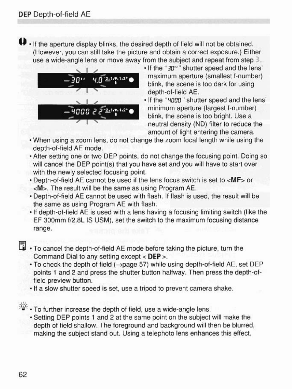 Dep depth-of-field ae 41 | Canon EOS 7 User Manual | Page 62 / 108