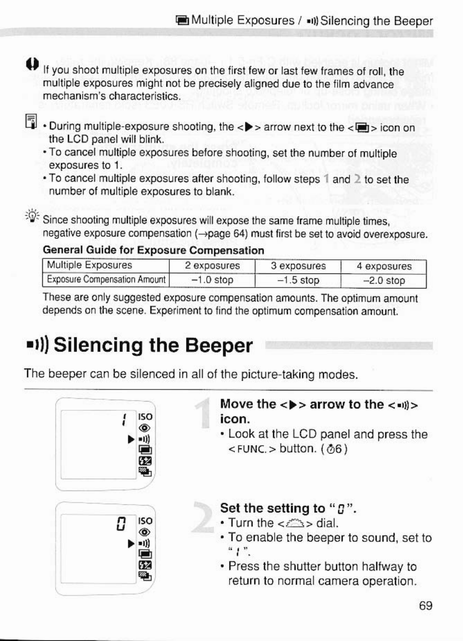 Silencing the beeper, Move the <►> arrow to the, So icon | Set the setting to | Canon EOS 7 User Manual | Page 69 / 108