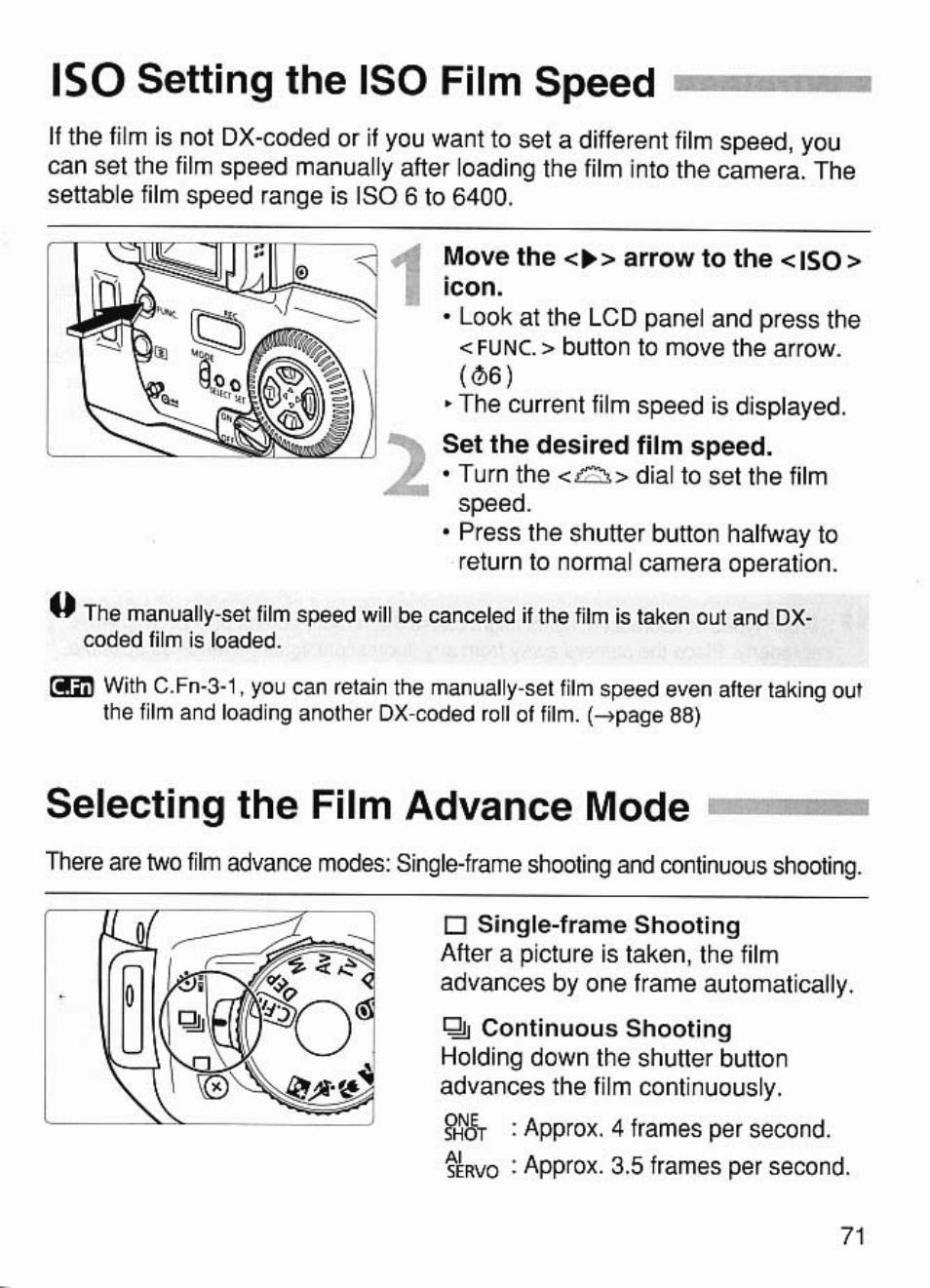 Iso setting the iso film speed, Selecting the film advance mode | Canon EOS 7 User Manual | Page 71 / 108