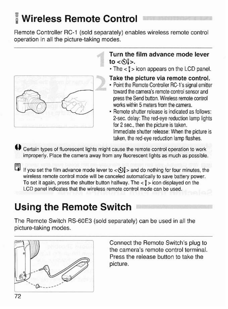 I wireless remote control, Turn the film advance mode lever, Using the remote switch | Canon EOS 7 User Manual | Page 72 / 108