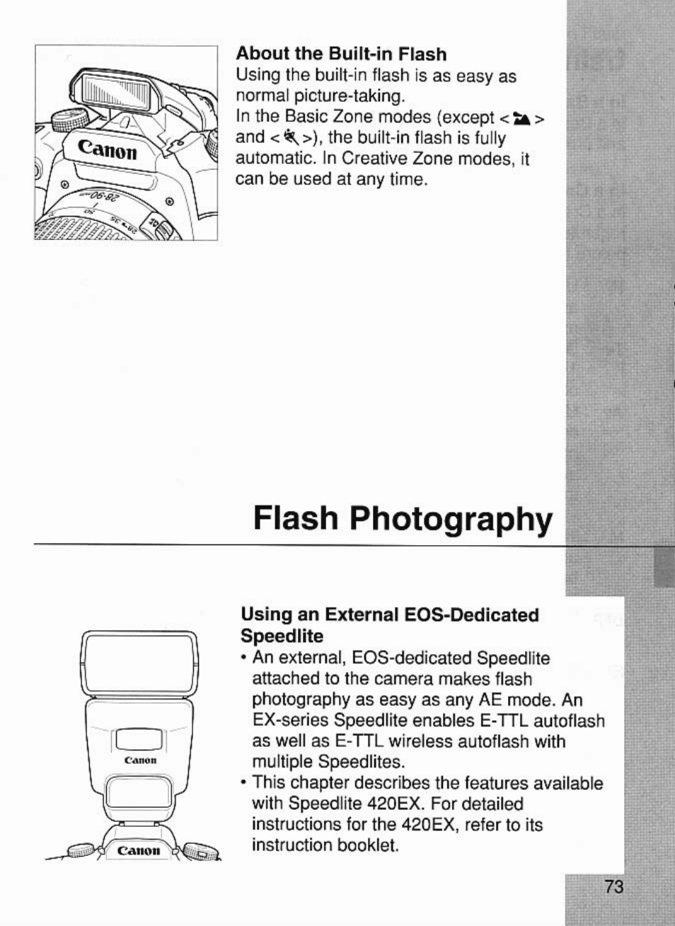 About the built-in flash, Using an external eos-dedicated, Flash photography | Canon EOS 7 User Manual | Page 73 / 108