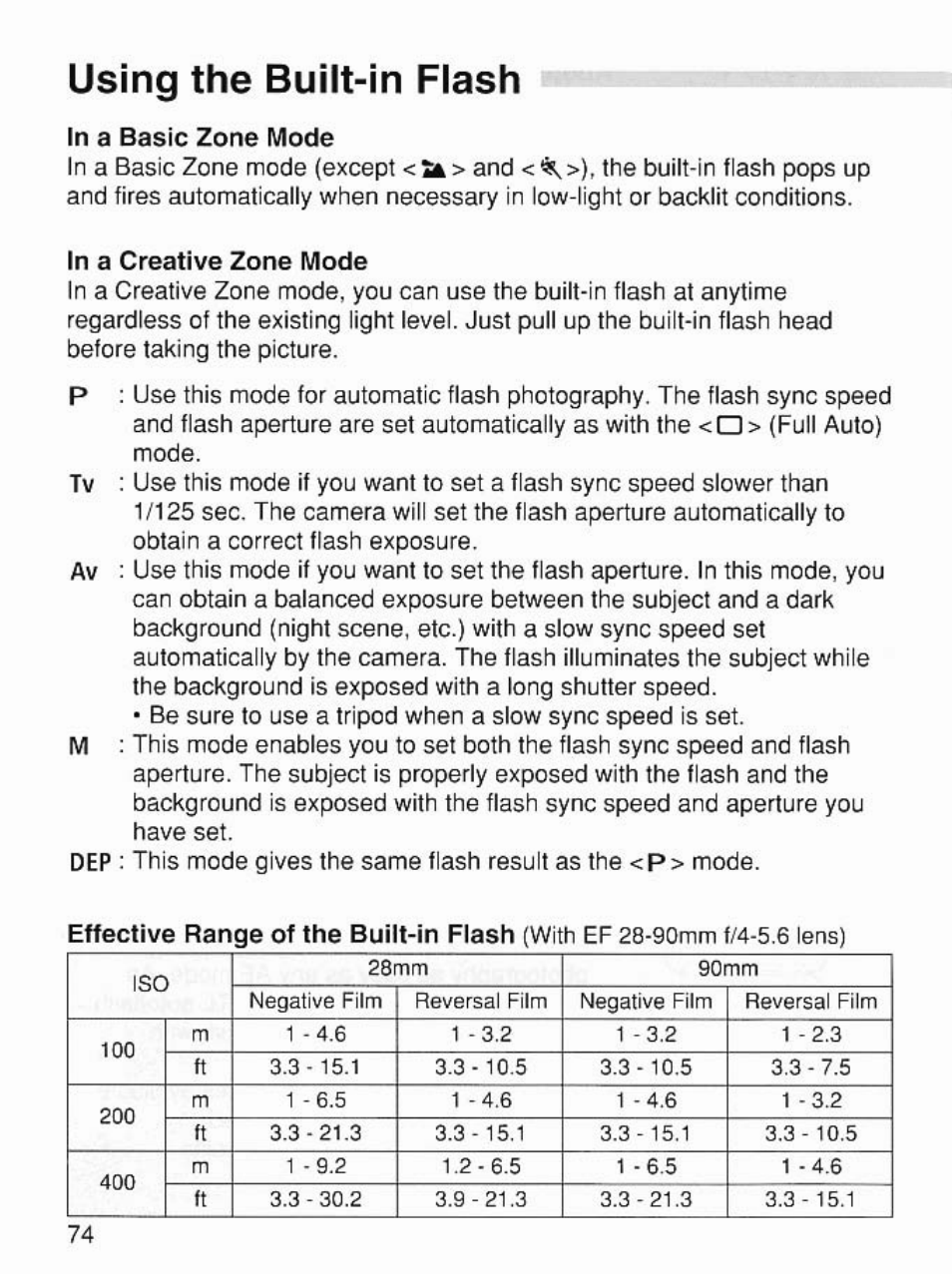 Using the built-in flash | Canon EOS 7 User Manual | Page 74 / 108