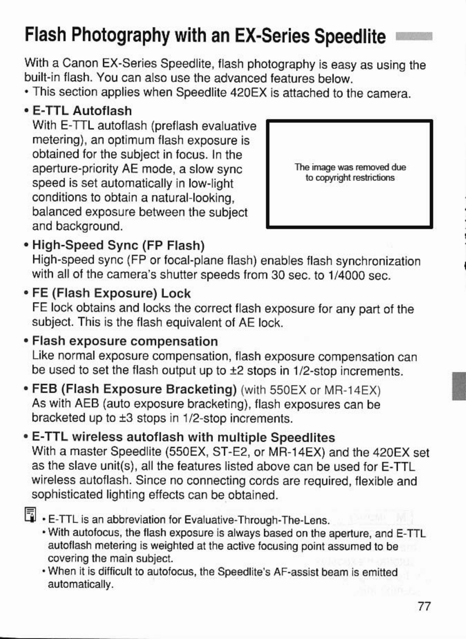Flash photography with an ex-series speedlite | Canon EOS 7 User Manual | Page 77 / 108